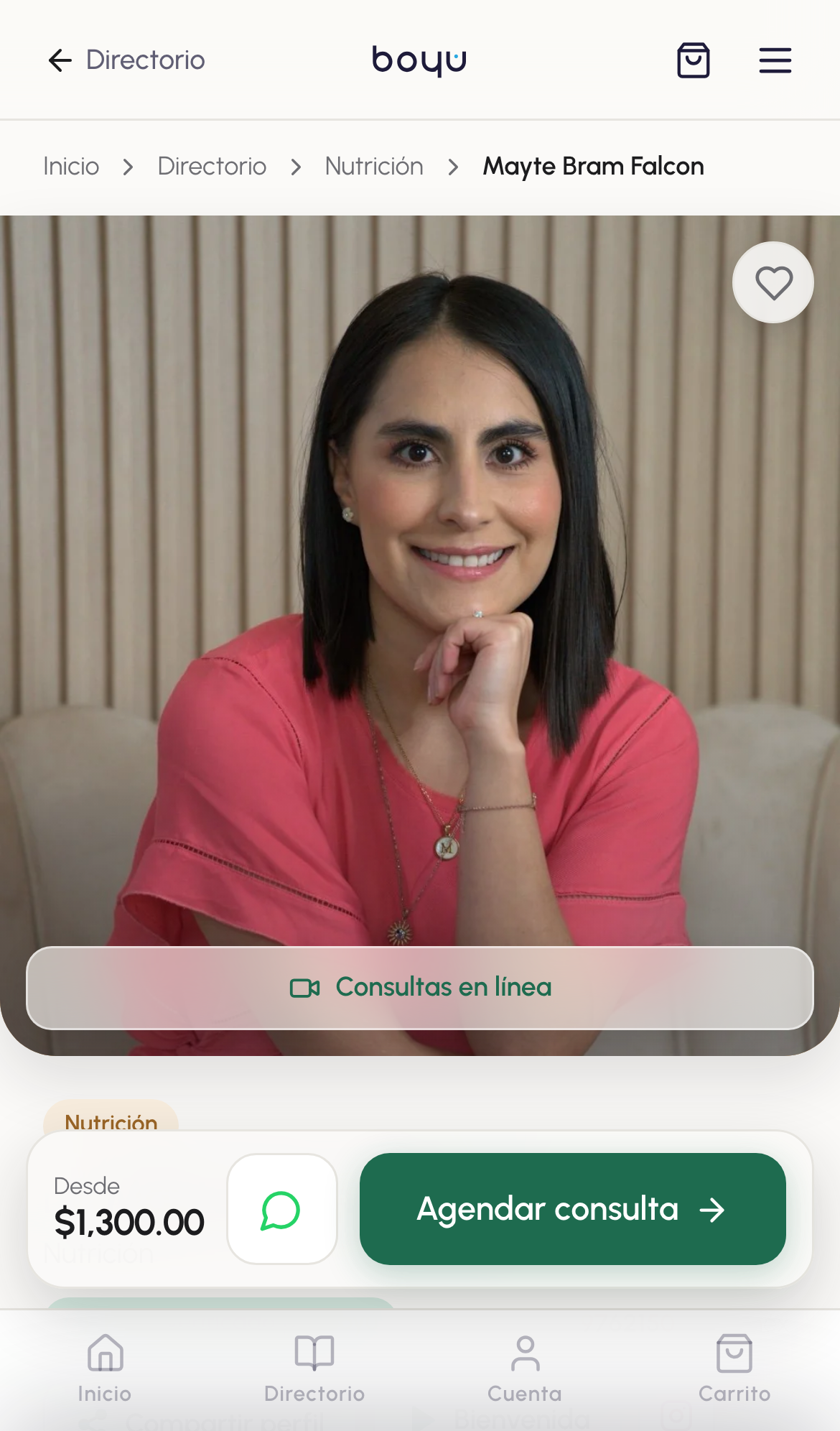 Perfil de Mayte Bram Falcon en boyu.online, en un celular
