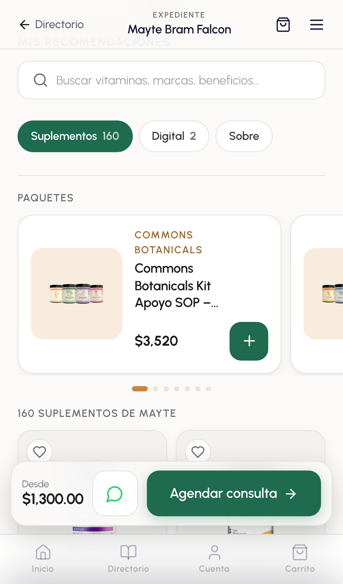 Sección Mis recomendaciones del perfil de Mayte, con paquetes y suplementos
